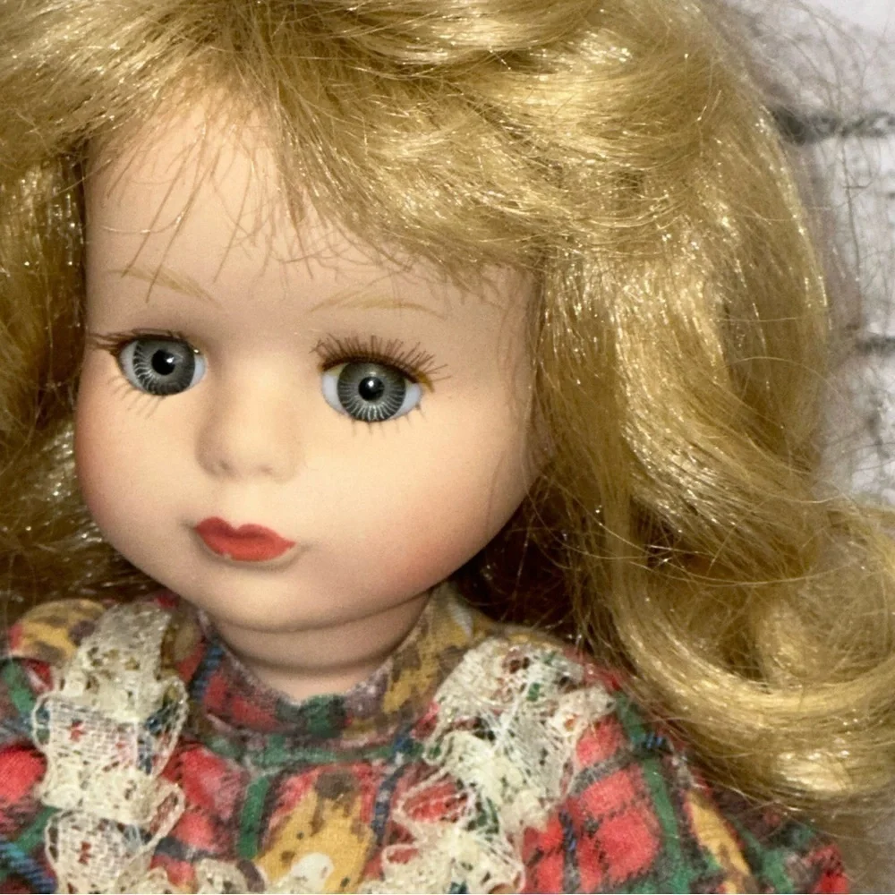 Christmas Tree Topper Porcelain Doll 12 in Blonde Hair Plaid Teddy Bear Dress